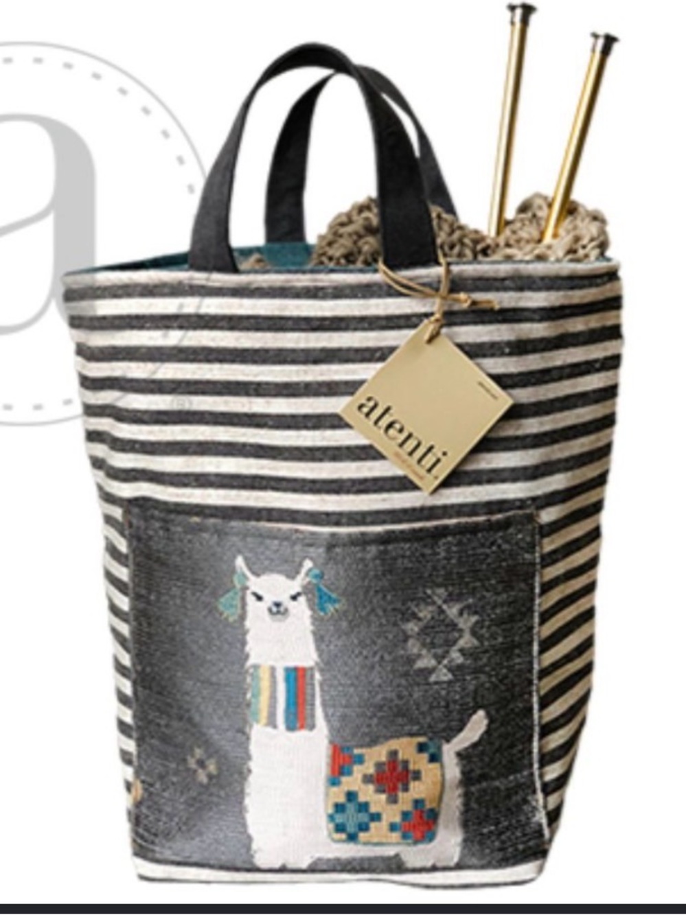 Atenti Black & White Striped Llama Gray Hope  Basket yarn bag